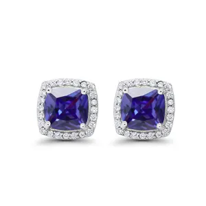 10k White Gold Plated 1/2 Ct Created Halo Princess Cut Blue Sapphire Stud Earrings