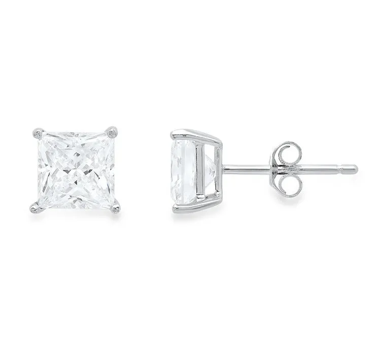 10k White Gold Plated Created White Sapphire 1Ct Princess Cut Stud Earrings