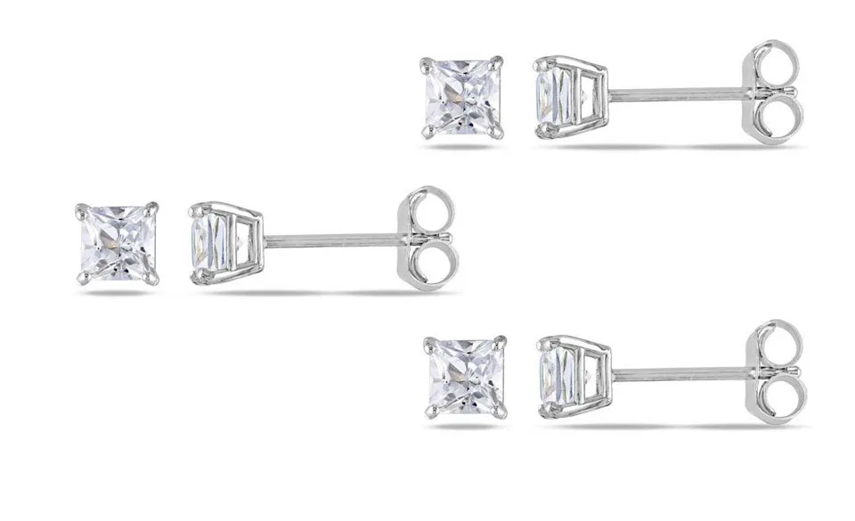 10k White Gold Plated Created White Sapphire 1Ct Square Cut Set of Three Stud Earrings