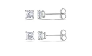 10k White Gold Plated Created White Sapphire 4Ct Square Cut Set of Two Stud Earrings