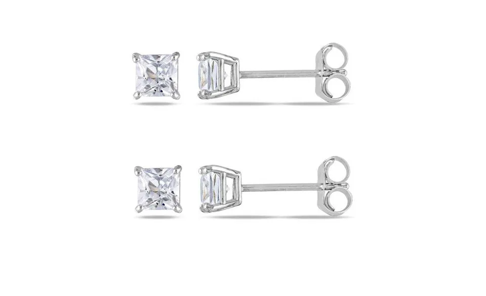 10k White Gold Plated Created White Sapphire 4Ct Square Cut Set of Two Stud Earrings