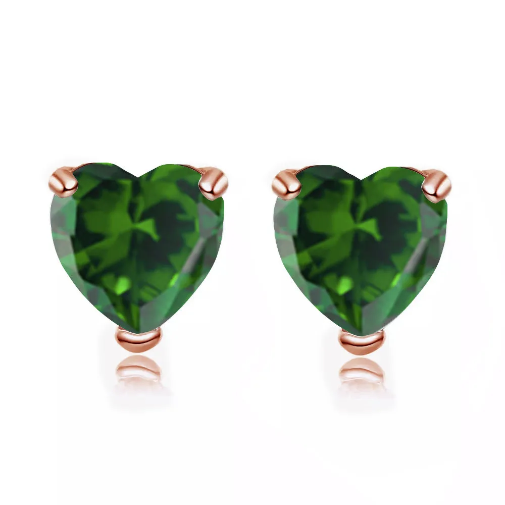 14k Rose Gold Plated 1/2 Carat Heart Created Emerald Stud Earrings