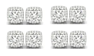 14k White Gold 6mm 3Ct Cushion Cut White Sapphire Set Of Four Halo Stud Earrings Plated
