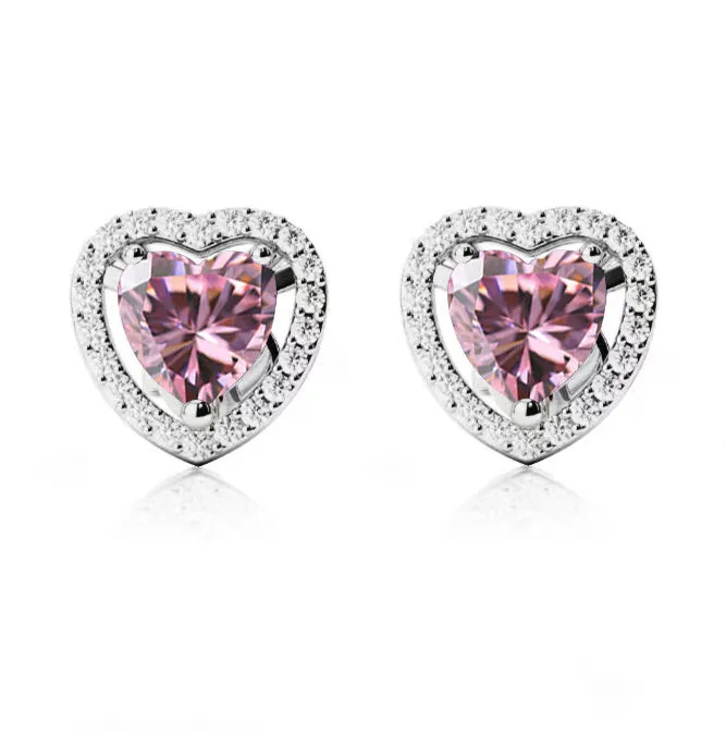 14k White Gold Plated 1/2 Ct Created Halo Heart Pink Sapphire Stud Earrings