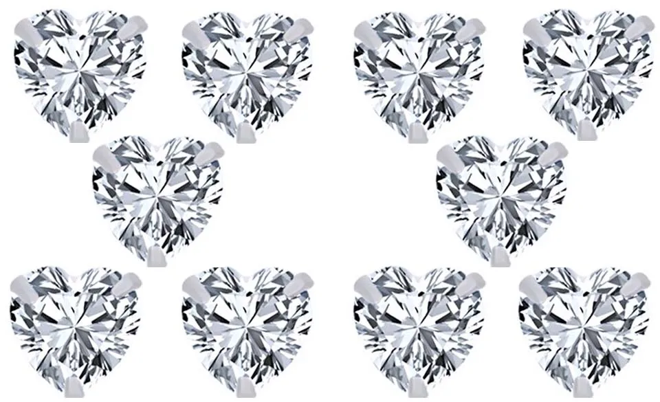 14k White Gold Plated 1Ct Heart White Sapphire Set Of Five Stud Earrings