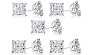 14k White Gold Plated 1Ct Princess Cut White Sapphire Set Of Five Stud Earrings