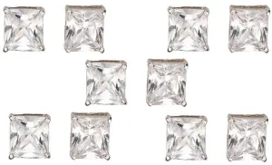 14k White Gold Plated 1Ct Square Cut White Sapphire Set Of Five Stud Earrings