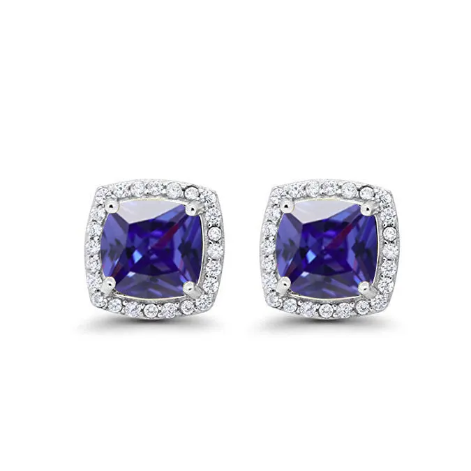 14k White Gold Plated 2 Ct Created Halo Princess Cut Blue Sapphire Stud Earrings