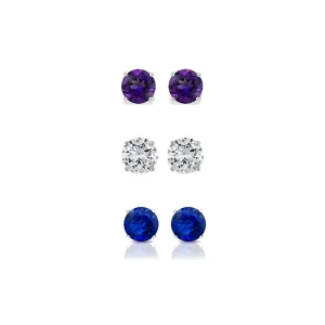 14k White Gold Plated 2Ct Created Amethyst, White Sapphire and Blue Sapphire 3 Pair Round Stud Earrings