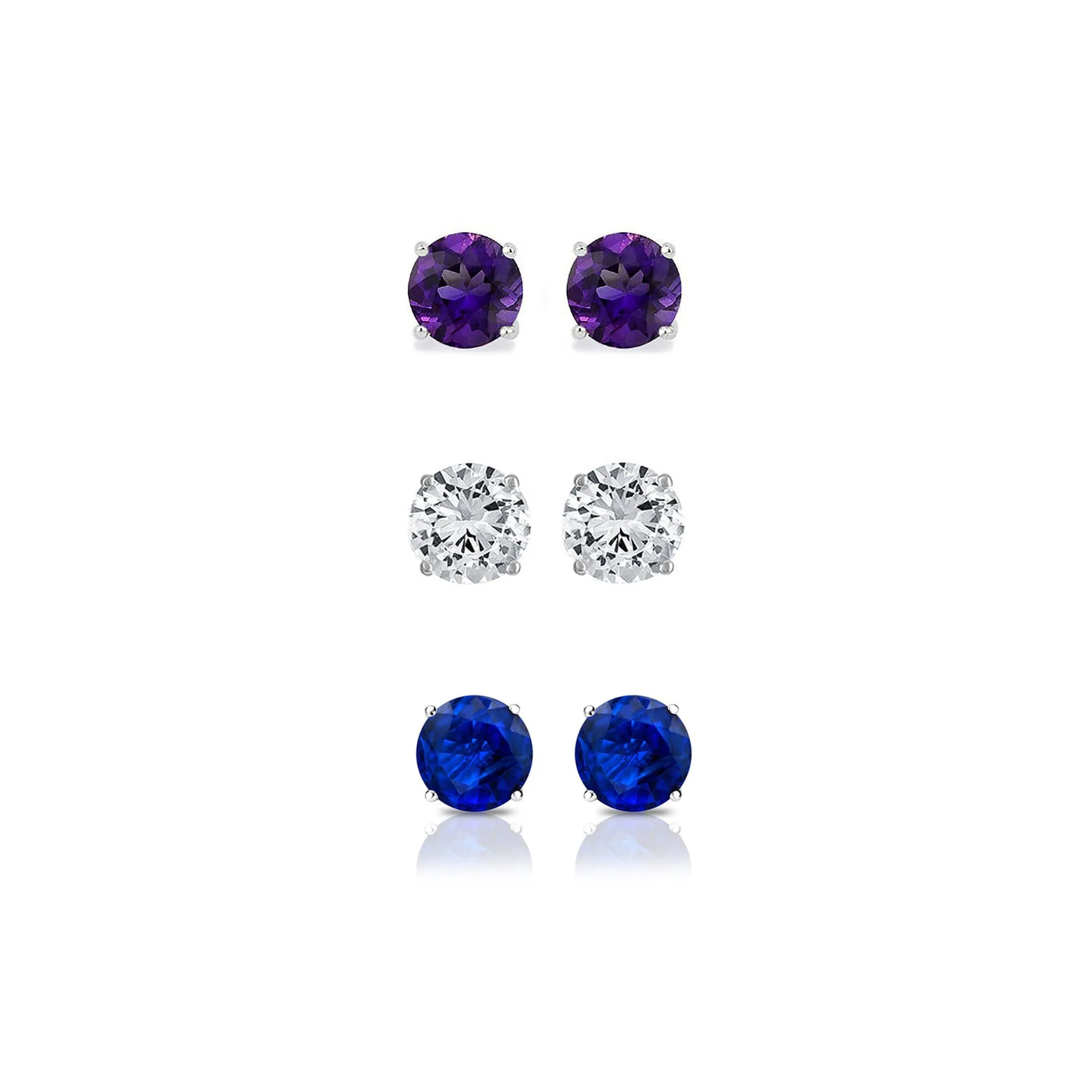14k White Gold Plated 2Ct Created Amethyst, White Sapphire and Blue Sapphire 3 Pair Round Stud Earrings