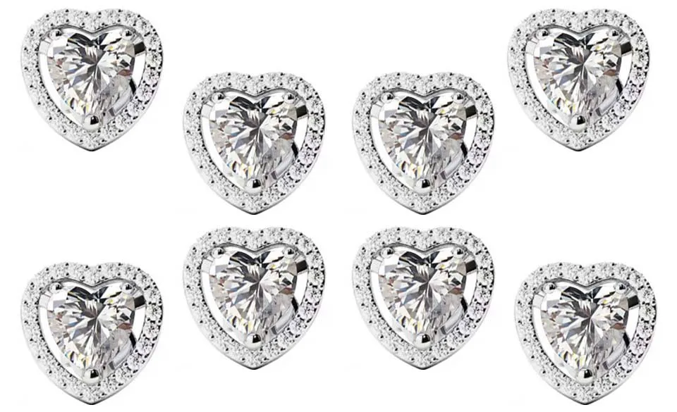 14k White Gold Plated 2Ct Heart White Sapphire Set of Four Halo Stud Earrings