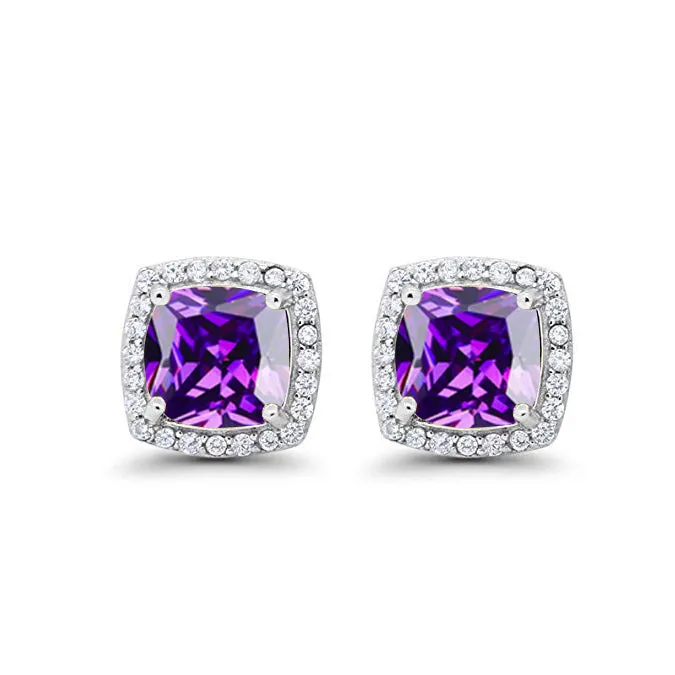 14k White Gold Plated 3 Ct Created Halo Princess Cut Amethyst Stud Earrings