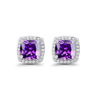 14k White Gold Plated 3 Ct Created Halo Princess Cut Amethyst Stud Earrings