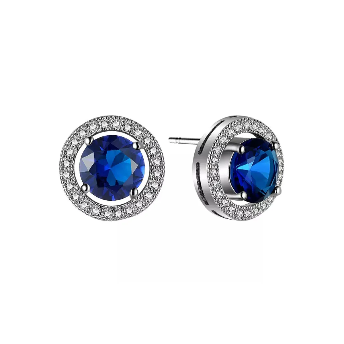 14k White Gold Plated 3 Ct Round Created Blue Crystal Halo Stud Earrings
