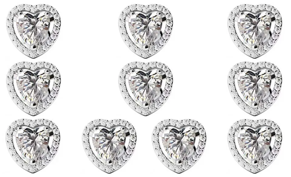 14k White Gold Plated 4mm 1Ct Heart White Sapphire Set of Five Halo Stud Earrings