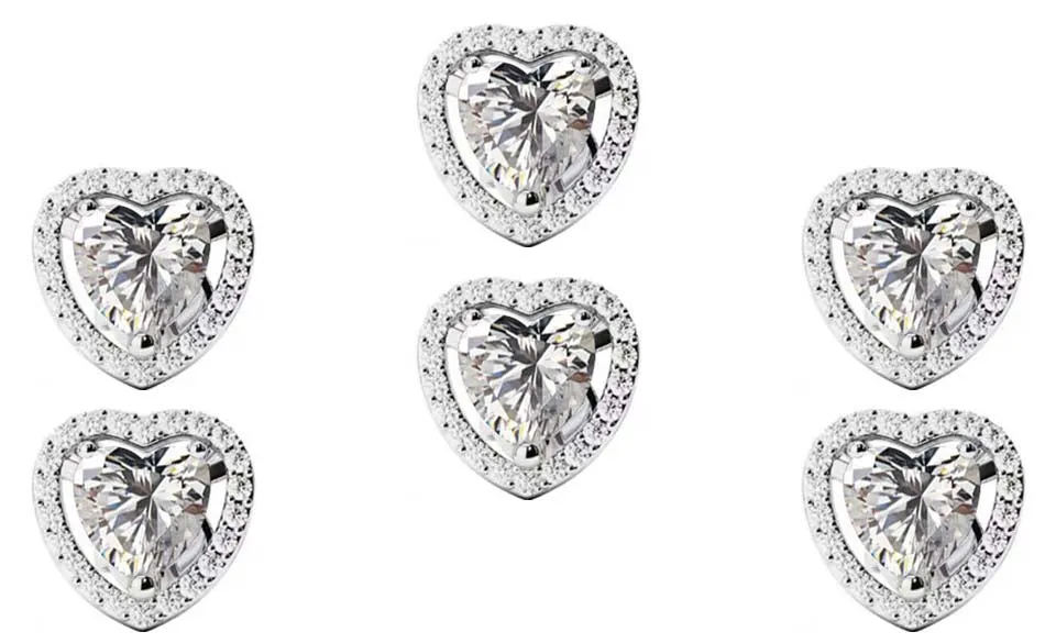 14k White Gold Plated 4mm 1Ct Heart White Sapphire Set of Three Halo Stud Earrings