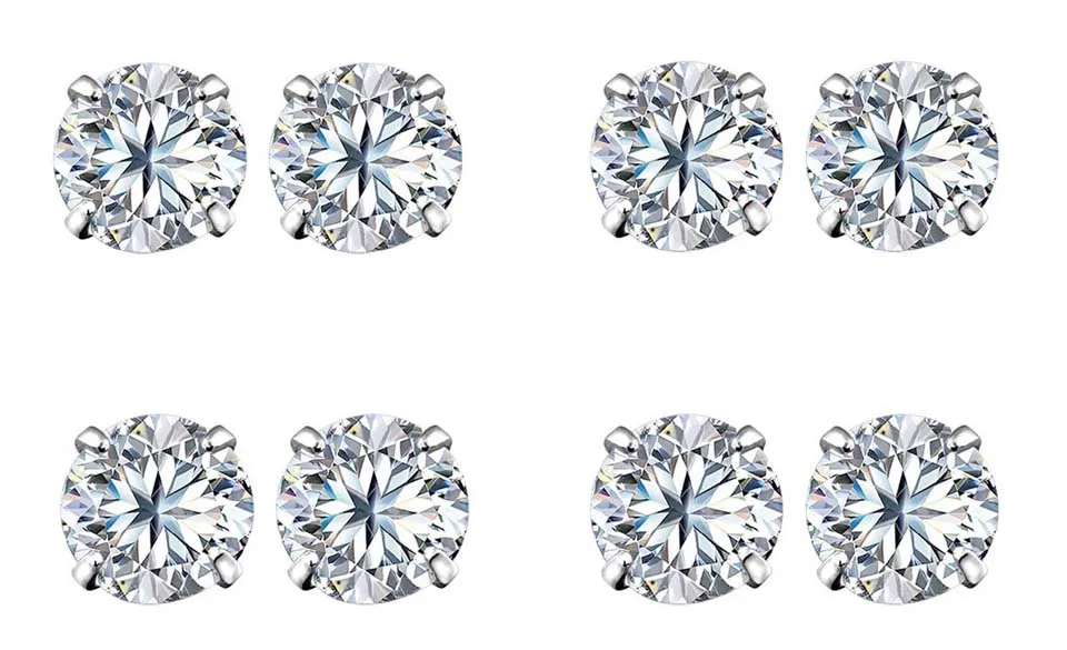 14k White Gold Plated 4mm 1Ct Round White Sapphire Set Of Four Stud Earrings