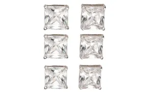 14k White Gold Plated 4mm 1Ct Square Cut White Sapphire Set Of Three Stud Earrings
