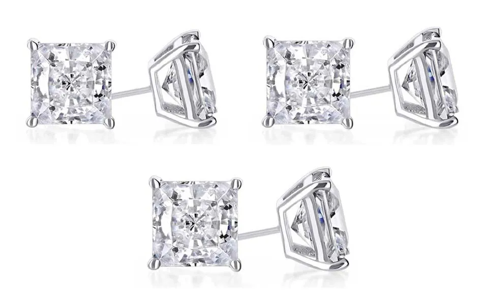 14k White Gold Plated 4mm 2Ct Princess Cut White Sapphire Set Of Three Stud Earrings