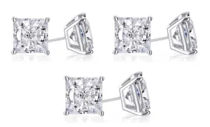 14k White Gold Plated 4mm 2Ct Princess Cut White Sapphire Set Of Three Stud Earrings