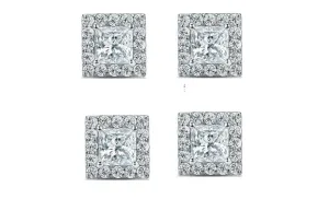 14k White Gold Plated 6mm 1Ct Princess Cut White Sapphire Set of Two Halo Stud Earrings