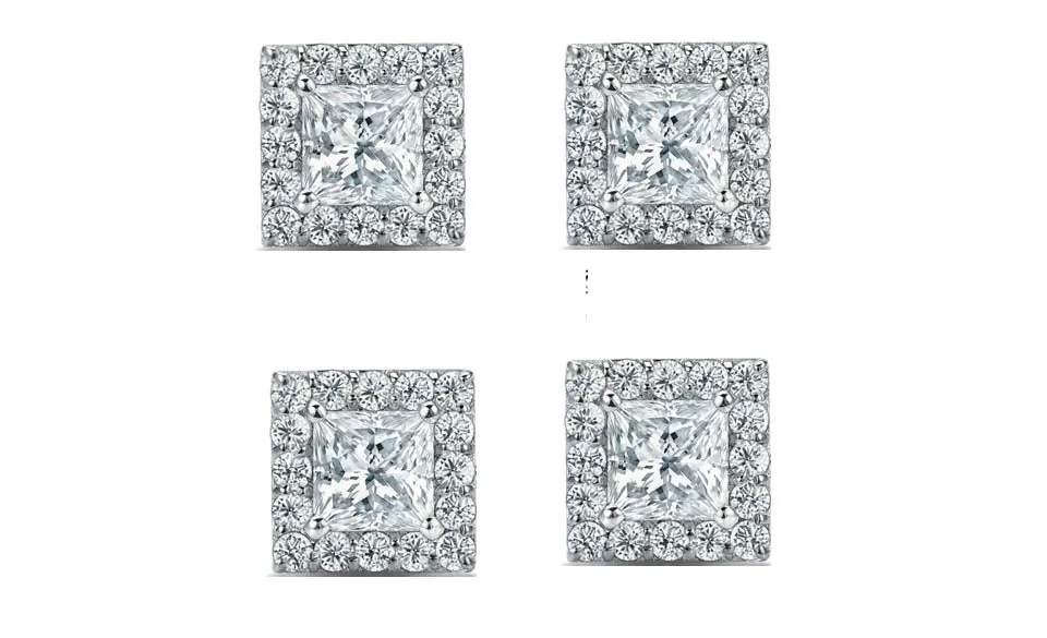 14k White Gold Plated 6mm 1Ct Princess Cut White Sapphire Set of Two Halo Stud Earrings
