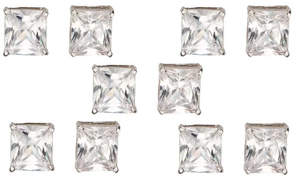 14k White Gold Plated 6mm 2Ct Square Cut White Sapphire Set Of Five Stud Earrings