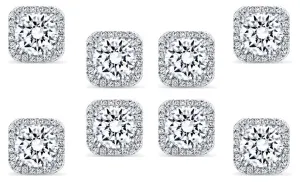 14k White Gold Plated 6mm 2Ct Square Cut White Sapphire Set of Four Halo Stud Earrings