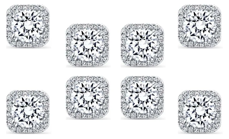 14k White Gold Plated 6mm 2Ct Square Cut White Sapphire Set of Four Halo Stud Earrings