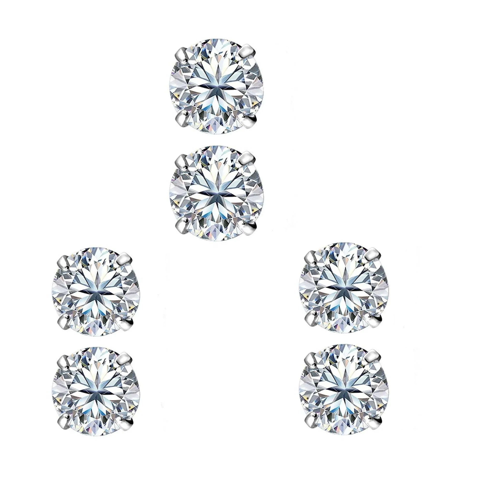 14k White Gold Plated 6mm 3Ct Round White Sapphire Set Of Three Stud Earrings