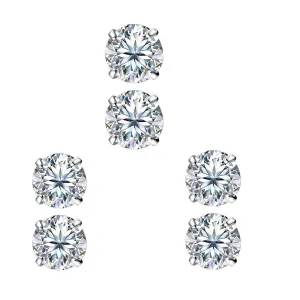 14k White Gold Plated 6mm 3Ct Round White Sapphire Set Of Three Stud Earrings
