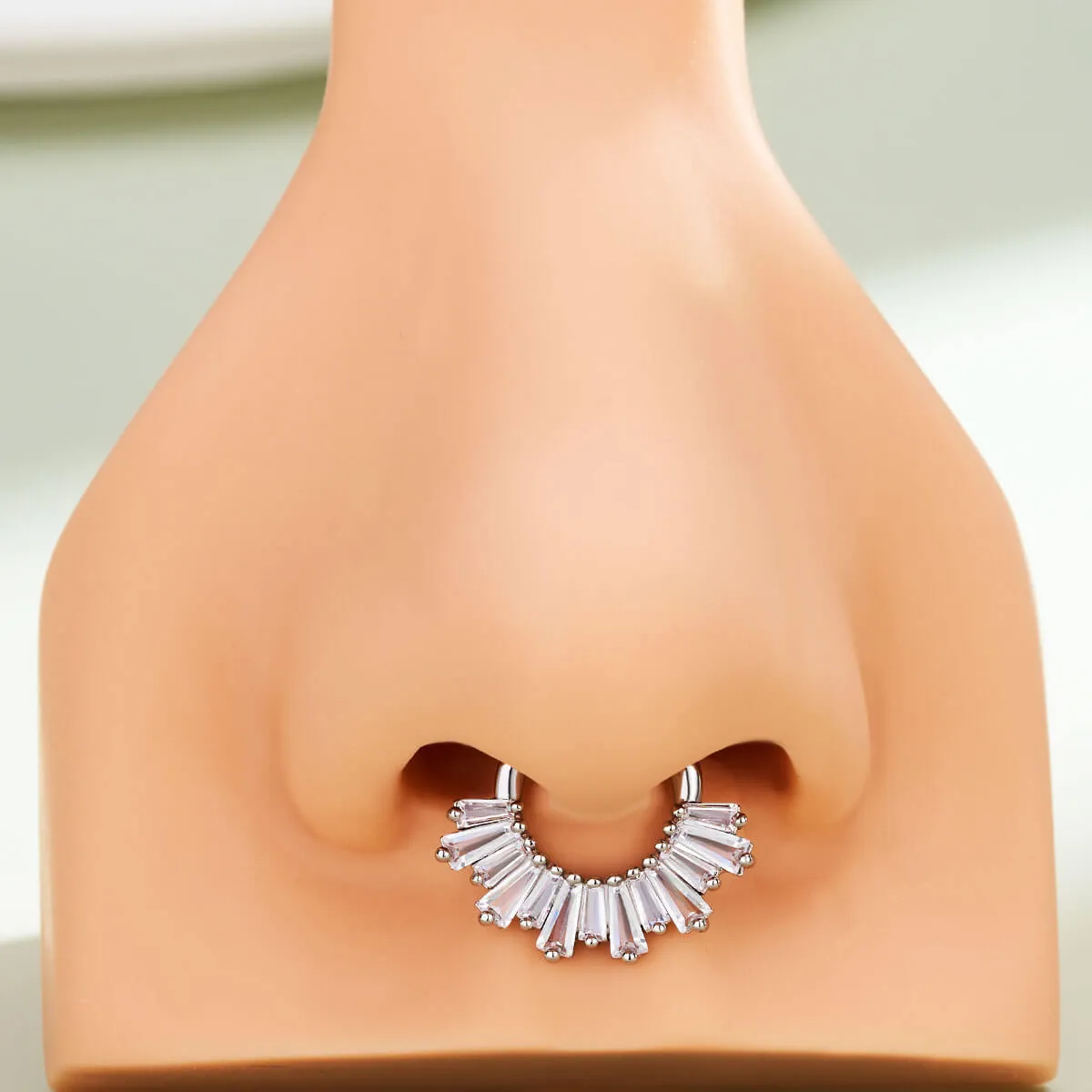 16G Baguette Clear/Green CZ Hinged Segment Septum Ring