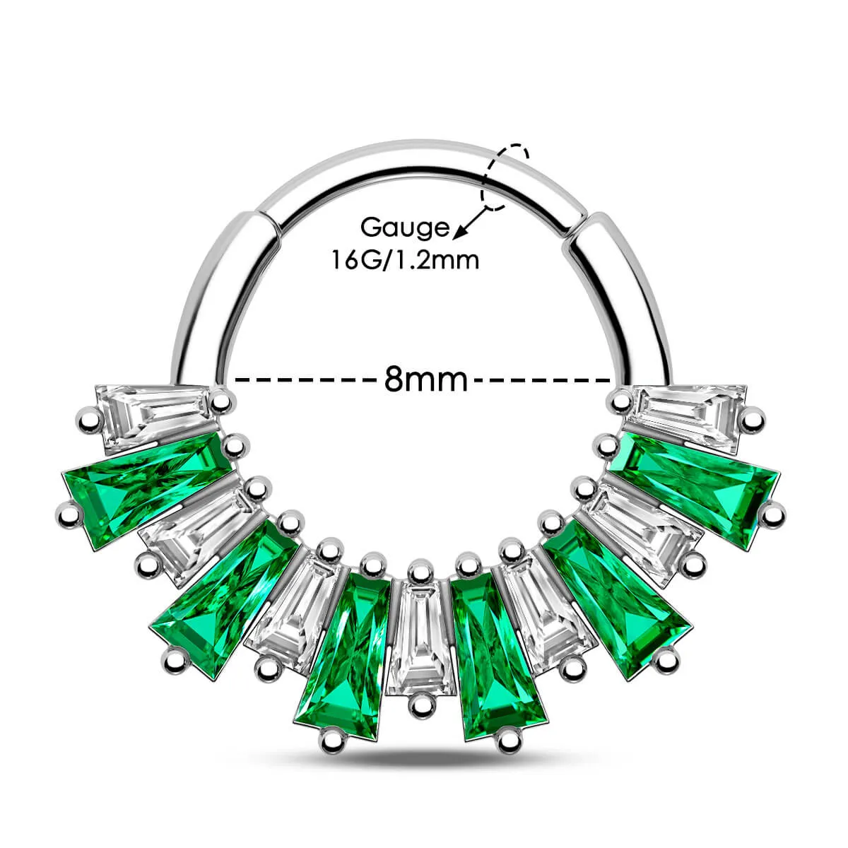 16G Baguette Clear/Green CZ Hinged Segment Septum Ring