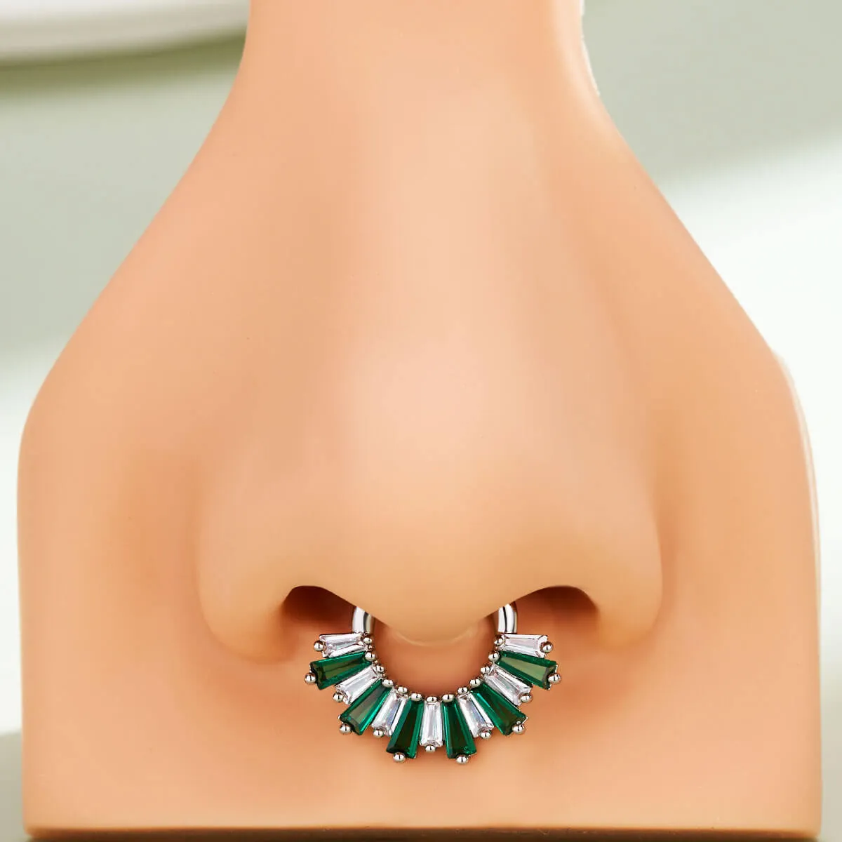 16G Baguette Clear/Green CZ Hinged Segment Septum Ring