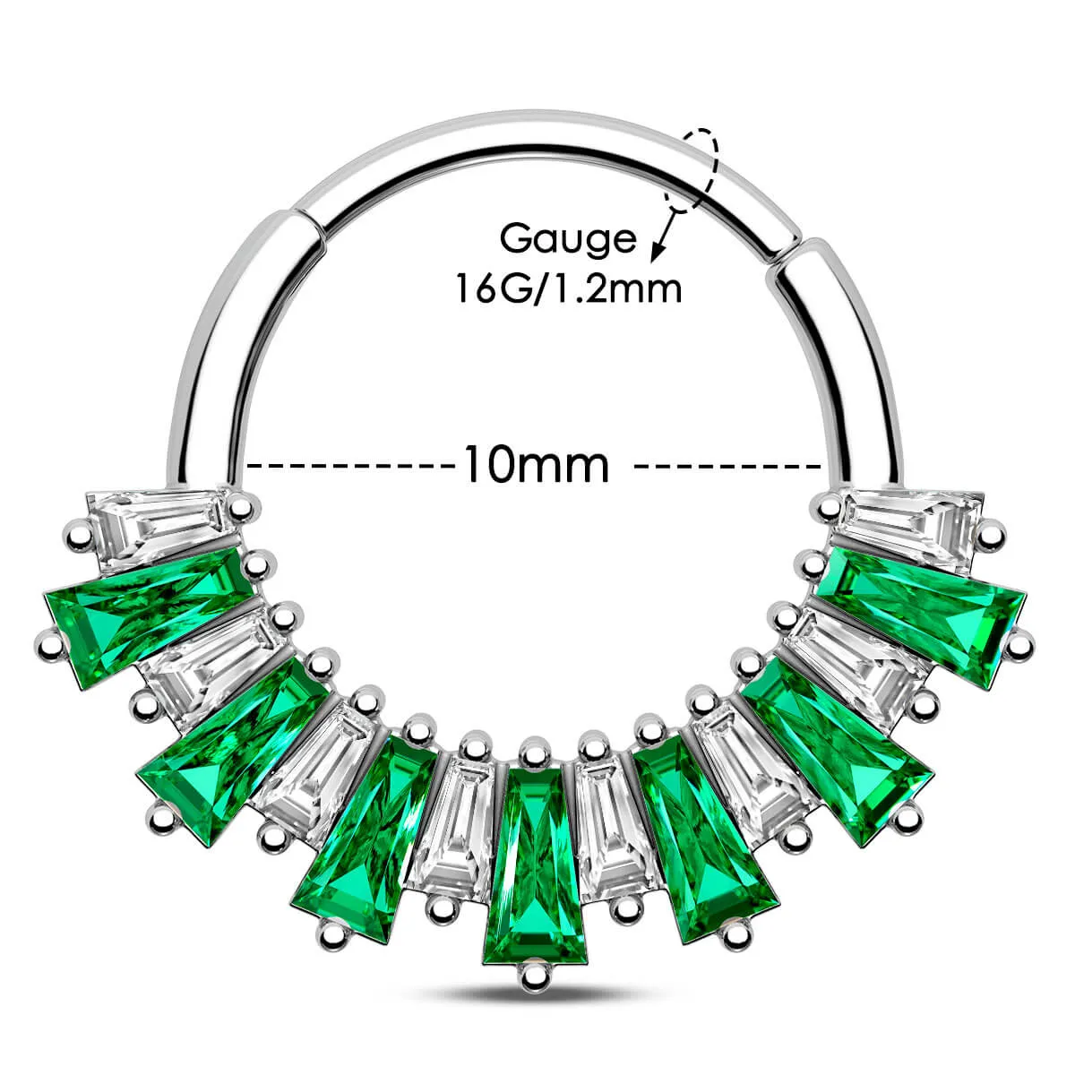 16G Baguette Clear/Green CZ Hinged Segment Septum Ring