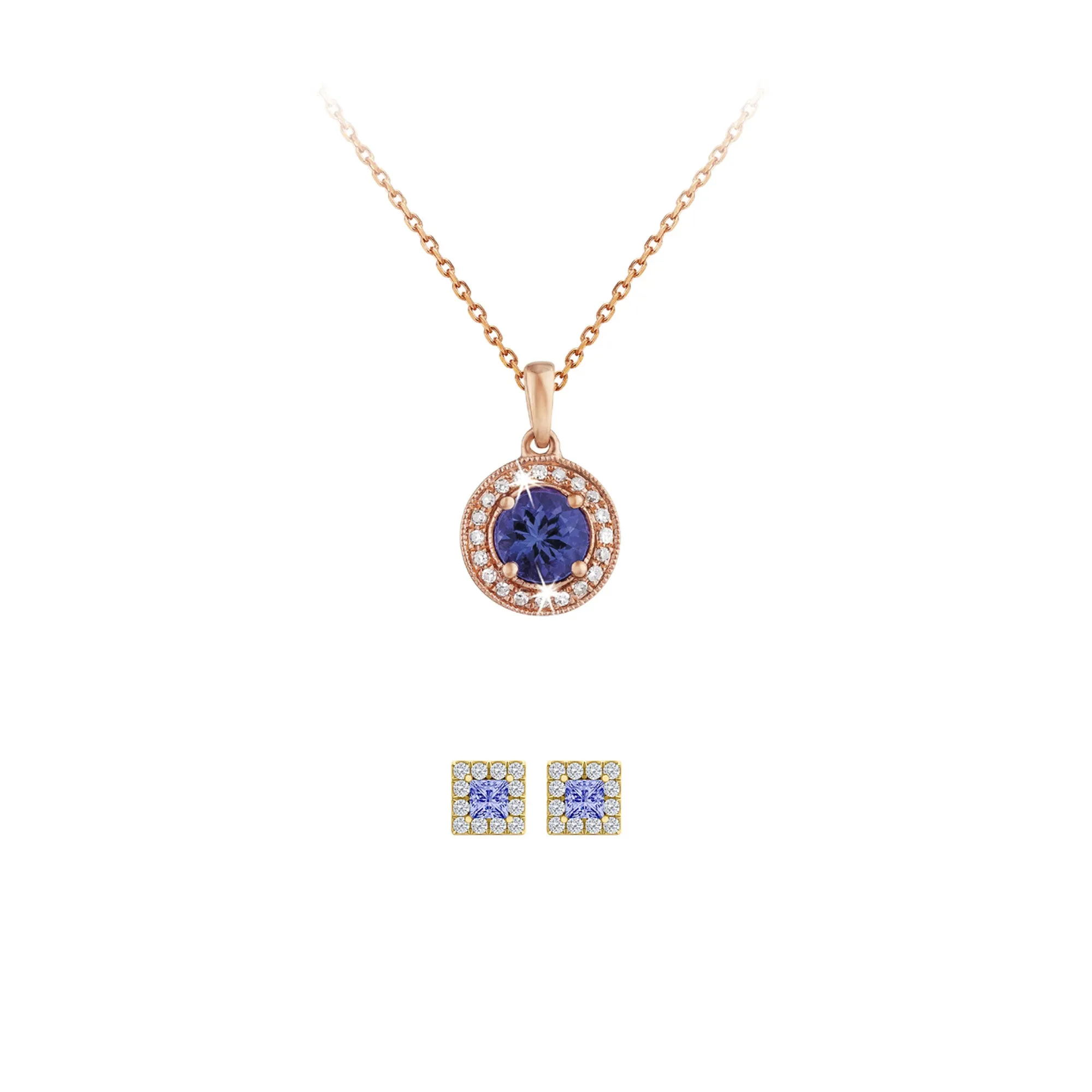 18K Rose Gold 2ct Halo Tanzanite Round 18 Inch Necklace and Halo Square Earrings Set Plated