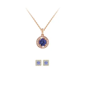 18K Rose Gold 2ct Halo Tanzanite Round 18 Inch Necklace and Halo Square Earrings Set Plated