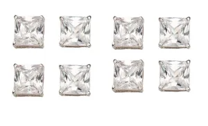 18k White Gold Plated 1Ct Square Cut White Sapphire Set Of Four Stud Earrings
