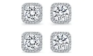 18k White Gold Plated 2Ct Square Cut White Sapphire Set of Two Halo Stud Earrings