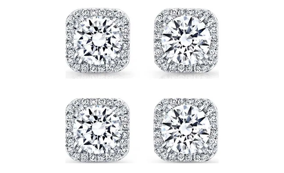 18k White Gold Plated 2Ct Square Cut White Sapphire Set of Two Halo Stud Earrings