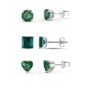 18k White Gold Plated 3Cttw 8mm Created Emerald 3 Pair Round, Square and Heart Stud Earrings