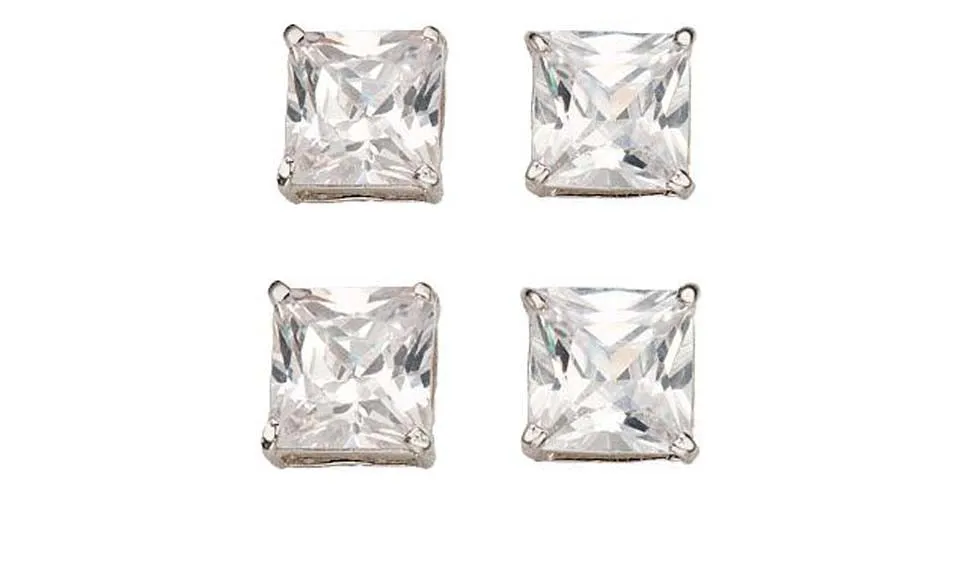 18k White Gold Plated 4Ct Square Cut White Sapphire Set Of Two Stud Earrings