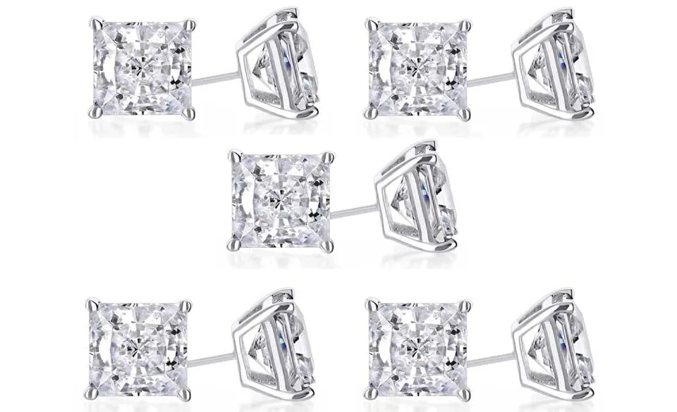 18k White Gold Plated 4mm 4Ct Princess Cut White Sapphire Set Of Five Stud Earrings