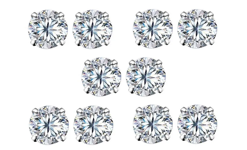 18k White Gold Plated 6mm 1/2Ct Round White Sapphire Set Of Five Stud Earrings