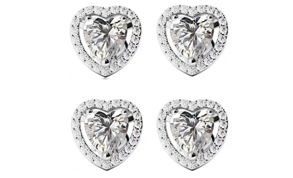 18k White Gold Plated 6mm 2Ct Heart White Sapphire Set of Two Halo Stud Earrings