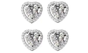 18k White Gold Plated 6mm 2Ct Heart White Sapphire Set of Two Halo Stud Earrings