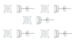 18k White Gold Plated Created White Sapphire 3Ct Princess Cut Set Of Five Stud Earrings