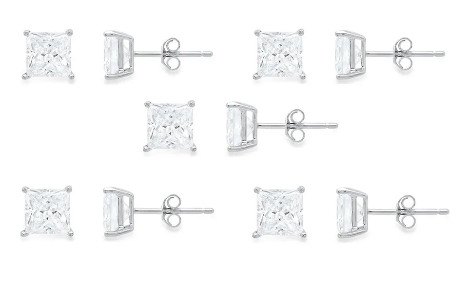 18k White Gold Plated Created White Sapphire 3Ct Princess Cut Set Of Five Stud Earrings