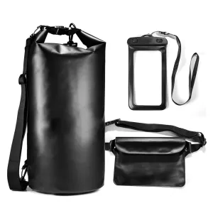 20L Multifunctional Bucket Bag Suit Outdoor Camping Swimming Rafting PVC Waterproof Dry Bag with Waist Bag Phone Waterproof Bag (Black)