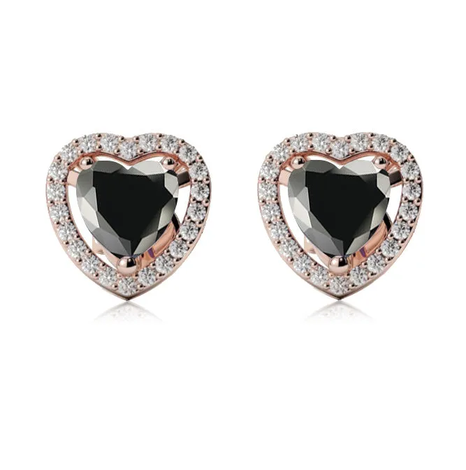24k Rose Gold Plated 1/2 Ct Created Halo Heart Black Sapphire Stud Earrings